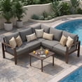 thumbnail image 1 of Poteban 6-Piece L-Shaped Outdoor Patio Set, Metal Sectional Sofa with 6" Thick Olefin Cushions, Wide Armrests & Coffee Table, Grey for Garden Backyard, 1 of 7
