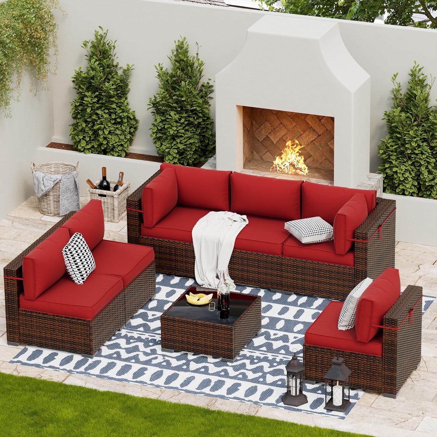 Wine Red 7-Piece Rattan Outdoor Sectional Sofa Set with Cushions