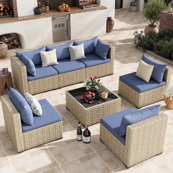 POTEBAN Patio Furniture Set, 7-Piece Outdoor Sectional All-Weather Wicker Patio Conversation Set for Backyard (Haze Blue Cushions with Gray Rattan)