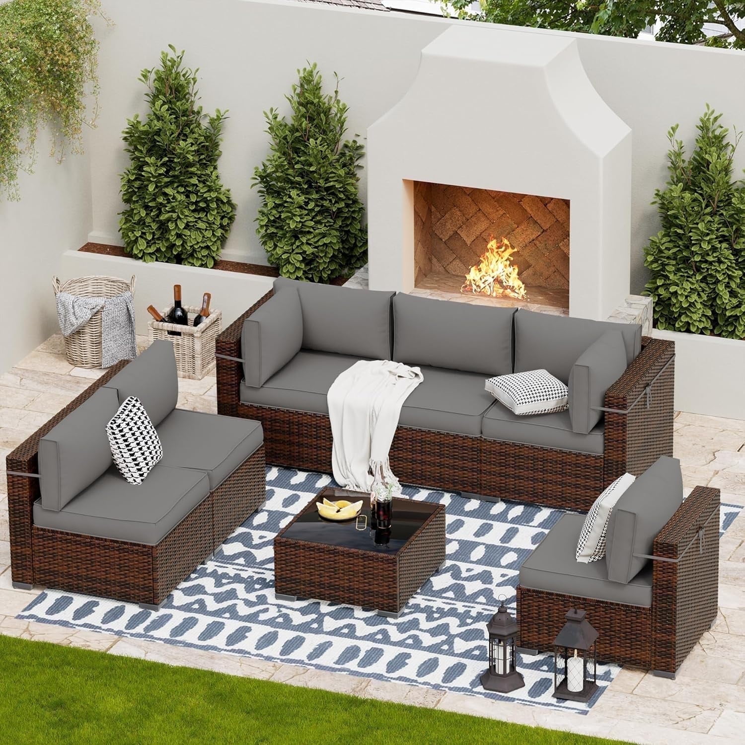Poteban 7 Piece Outdoor Patio Furniture Set, Grey Rattan Wicker Outdoor Conversation Sectional Sofa Set with Cushions for Backyard, Grey