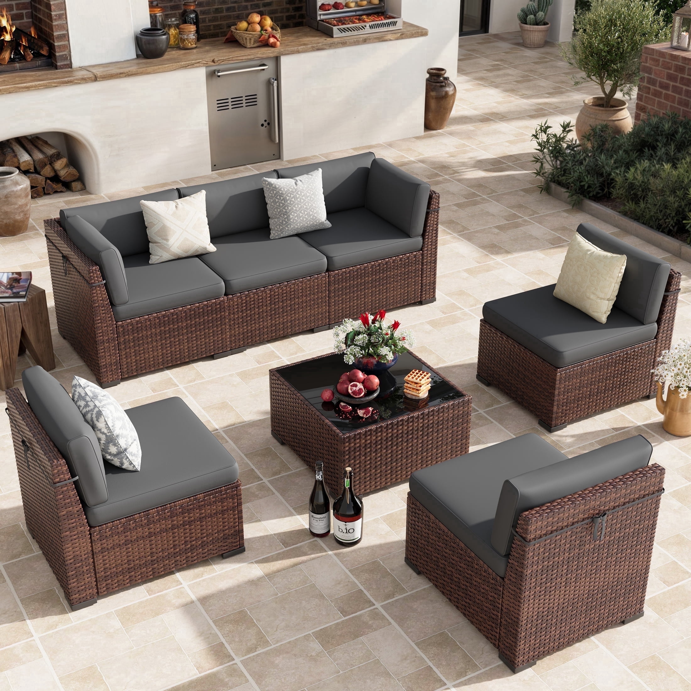 POTEBAN Patio Furniture Set, 7-Piece Outdoor Sectional All-Weather Wicker Patio Conversation Set for Backyard (Dark Gray Cushions with Brown Rattan)