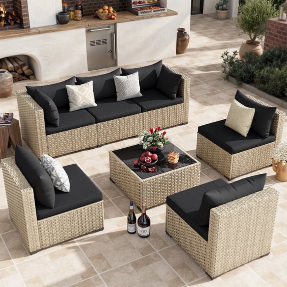 POTEBAN Patio Furniture Set, 7-Piece Outdoor Sectional All-Weather Wicker Patio Conversation Set for Backyard (Black Cushions with Gray Rattan)