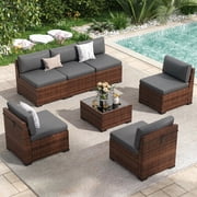 POTEBAN 7 Pieces Outdoor Sectional Sofa Set , PE Wicker Rattan Slanted Back Outdoor Conversation with Cushions and Glass Coffee Table for Backyard Garden, Dark Gray