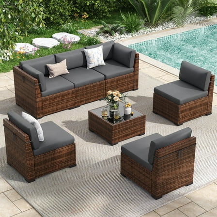 Poteban 7 Pieces Outdoor Sectional Sofa Set , PE Wicker Rattan Slanted Back Outdoor Conversation with Cushions and Glass Coffee Table for Backyard Garden, Dark Gray