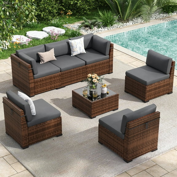 Poteban 7 Pieces Outdoor Sectional Sofa Set , PE Wicker Rattan Slanted Back Outdoor Conversation with Cushions and Glass Coffee Table for Backyard Garden, Dark Gray