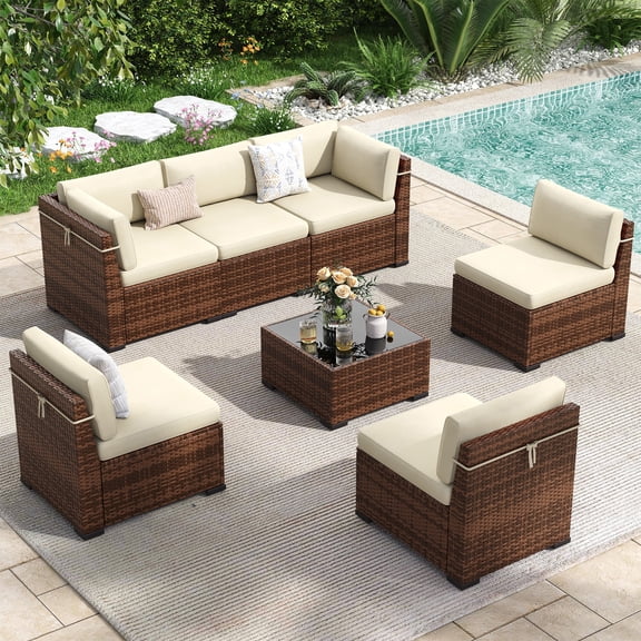 Poteban 7 Pieces Outdoor Sectional Sofa Set , PE Wicker Rattan Slanted Back Outdoor Conversation with Cushions and Glass Coffee Table for Backyard Garden, Khaki