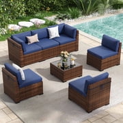 Poteban 7 Pieces Outdoor Sectional Sofa Set , PE Wicker Rattan Slanted Back Outdoor Conversation with Cushions and Glass Coffee Table for Backyard Garden, Navy Blue