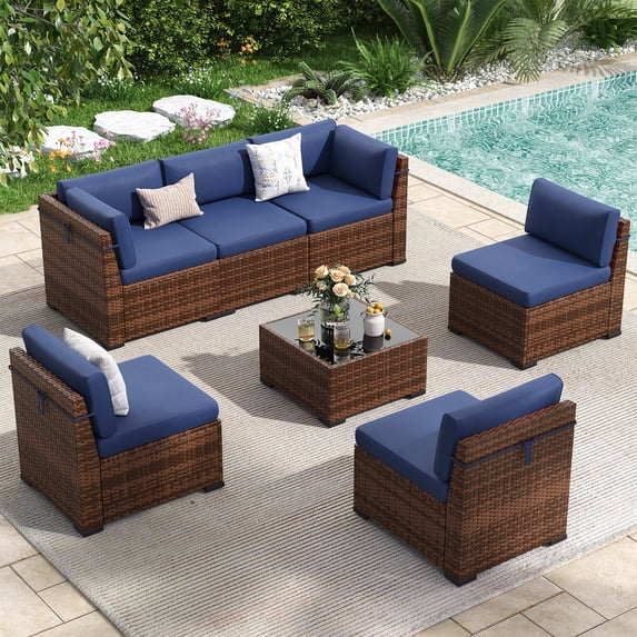Poteban 7 Pieces Outdoor Sectional Sofa Set , PE Wicker Rattan Slanted Back Outdoor Conversation with Cushions and Glass Coffee Table for Backyard Garden, Navy Blue