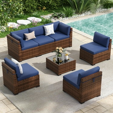 Poteban 7 Pieces Outdoor Sectional Sofa Set , PE Wicker Rattan Slanted Back Outdoor Conversation with Cushions and Glass Coffee Table for Backyard Garden, Navy Blue
