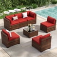 thumbnail image 1 of Poteban 7 Pieces Outdoor Sectional Sofa Set , PE Wicker Rattan Slanted Back Outdoor Conversation with Cushions and Glass Coffee Table for Backyard Garden, Wine Red, 1 of 11