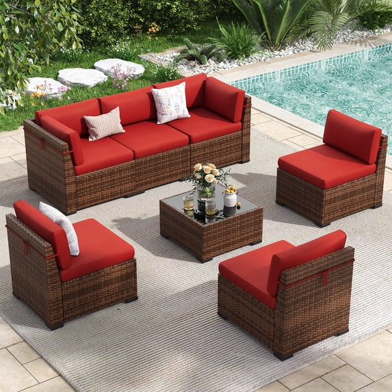 Poteban 7 Pieces Outdoor Sectional Sofa Set , PE Wicker Rattan Slanted Back Outdoor Conversation with Cushions and Glass Coffee Table for Backyard Garden, Wine Red