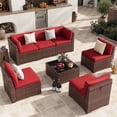 thumbnail image 1 of POTEBAN Patio Furniture Set, 7-Piece Outdoor Sectional All-Weather Wicker Patio Conversation Set for Backyard (Wine Red Cushions with Brown Rattan), 1 of 7