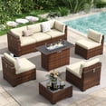 thumbnail image 1 of Poteban 8 Pieces Outdoor Patio Furniture Set with 44" Fire Pit Table, Brown Wicker Rattan Sectional Sofa with Cushions and Glass Coffee Table for Backyard Garden, Khaki, 1 of 12