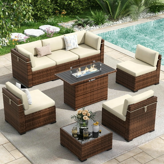 Poteban 8 Pieces Outdoor Patio Furniture Set with 44" Fire Pit Table, Brown Wicker Rattan Sectional Sofa with Cushions and Glass Coffee Table for Backyard Garden, Khaki