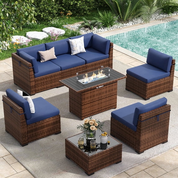 Poteban 8 Pieces Outdoor Patio Furniture Set with 44" Fire Pit Table, Brown Wicker Rattan Sectional Sofa with Cushions and Glass Coffee Table for Backyard Garden, Navy Blue