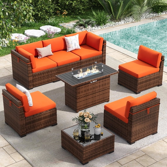 Poteban 8 Pieces Outdoor Patio Furniture Set with 44" Fire Pit Table, Brown Wicker Rattan Sectional Sofa with Cushions and Glass Coffee Table for Backyard Garden, Orange