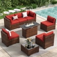 thumbnail image 1 of Poteban 8 Pieces Outdoor Patio Furniture Set with 44" Fire Pit Table, Brown Wicker Rattan Sectional Sofa with Cushions and Glass Coffee Table for Backyard Garden, Wine Red, 1 of 11