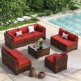 thumbnail image 1 of Poteban 9 Pieces Outdoor Sectional Sofa Set , PE Wicker Rattan Slanted Back Outdoor Conversation with Cushions and Glass Coffee Table for Backyard Garden, Wine Red, 1 of 11
