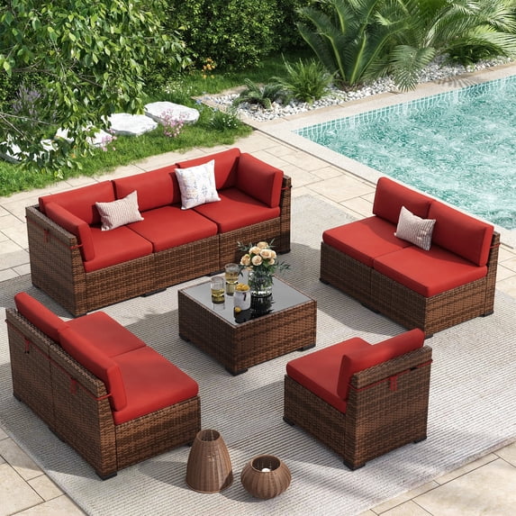 Poteban 9 Pieces Outdoor Sectional Sofa Set , PE Wicker Rattan Slanted Back Outdoor Conversation with Cushions and Glass Coffee Table for Backyard Garden, Wine Red