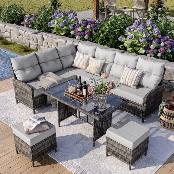 POTEBAN Outdoor Rattan 7-Piece Dining Set, Sectional Sofa Couch with Table & Chairs, All-Weather Conversation Set for Deck, Backyard, Grey