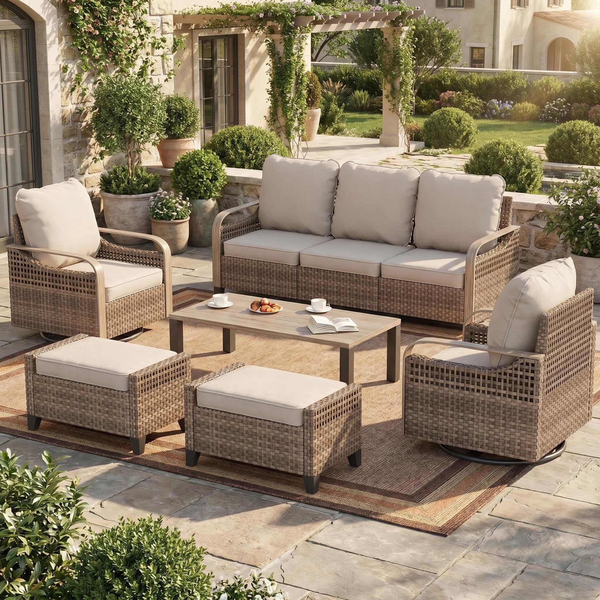 Poteban Outdoor Patio All Weather Wicker Furniture Sets,with Coffee Table, Sofa, Swivel Rocking Chair and Ottoman,for Pool, Backyard, Garden, 6 Pieces