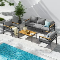 Poteban Aluminum Patio Furniture Set, Modern Metal Outdoor Patio Furniture, 6 Pcs Patio Conversation Sets with Wood Top Armrest & Table for Poolside, Deck, Dark Grey (Included Waterproof Covers)