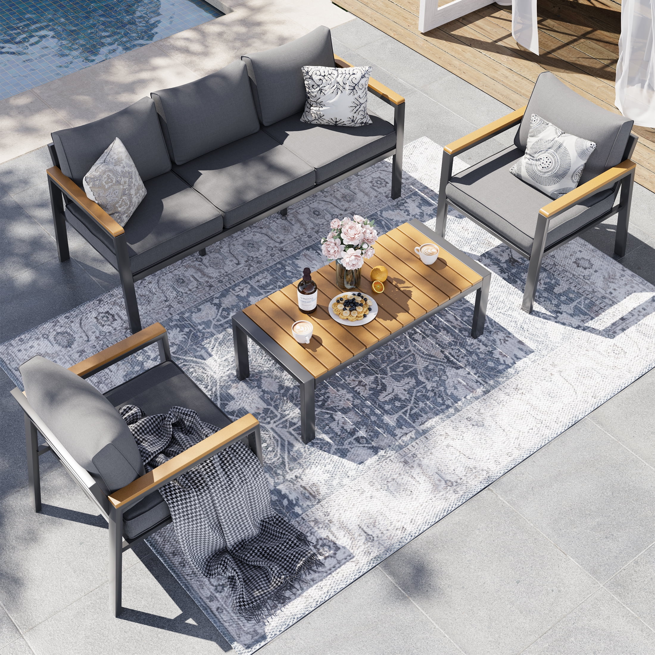 Poteban Aluminum Patio Furniture Set Modern Metal Outdoor Patio Furniture 6 Pcs Patio Conversation Sets with Wood Top Armrest Table for Poolside