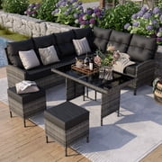 POTEBAN Outdoor Rattan 7-Piece Dining Set, Sectional Sofa Couch with Table & Chairs, All-Weather Conversation Set for Deck, Backyard, Black
