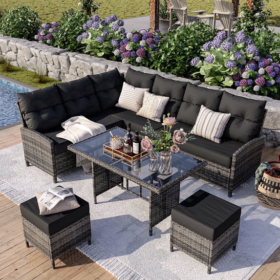 POTEBAN Outdoor Rattan 7-Piece Dining Set, Sectional Sofa Couch with Table & Chairs, All-Weather Conversation Set for Deck, Backyard, Black