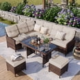 thumbnail image 1 of POTEBAN Outdoor Rattan 7-Piece Dining Set, Sectional Sofa Couch with Table & Chairs, All-Weather Conversation Set for Deck, Backyard, Khaki, 1 of 9