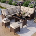 thumbnail image 1 of POTEBAN Outdoor Rattan 7-Piece Dining Set, Sectional Sofa Couch with Table & Chairs, All-Weather Conversation Set for Deck, Backyard, Khaki, 1 of 8
