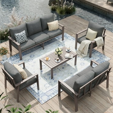 POTEBAN Aluminum Patio Furniture Set, Modern Metal Outdoor Sectional Sofa, Patio Conversation Sets with Side Table for Poolside, courtyard,Grey