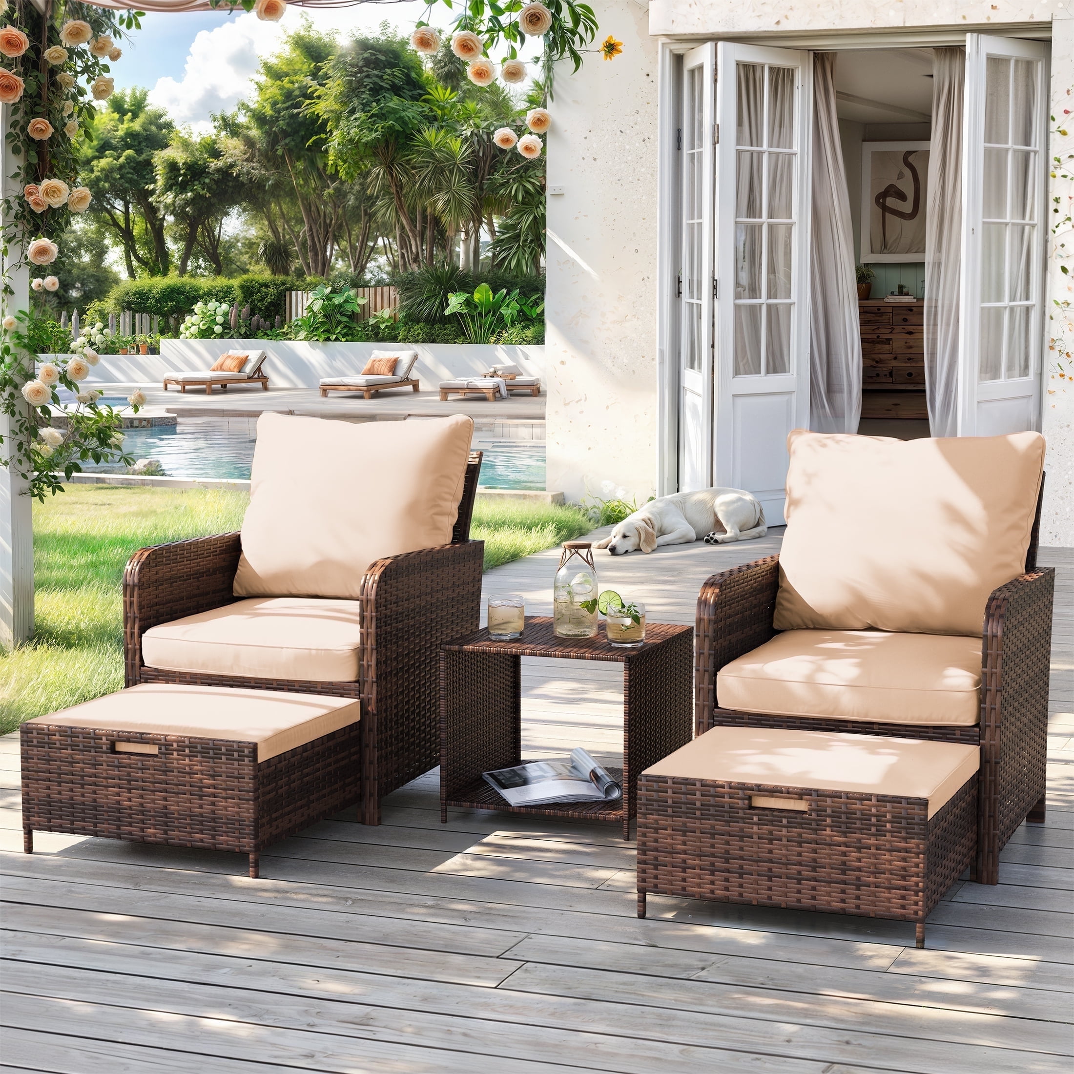 Walmart promo code:  POTEBAN 5-Piece Patio Furniture Set, Wicker Lounge Chair with Ottoman and Side Table, Khaki