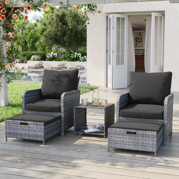 Poteban Gray Rattan Outdoor Seating 5-Piece Set,Outdoor Patio Chair with Ottoman for Front Porch Deck,Wicker Lounge Chair with Side Table, Black