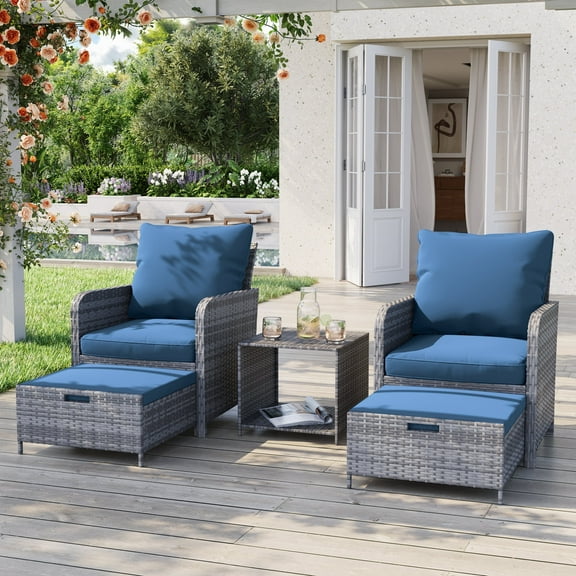 Poteban Gray Rattan Outdoor Seating 5-Piece Set,Outdoor Patio Chair with Ottoman for Front Porch Deck,Wicker Lounge Chair with Side Table,Blue