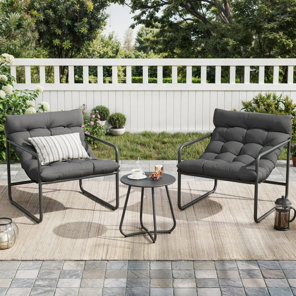 Poteban Outdoor Bistro Sets, 3 Piece Patio Chairs with Padded Cushions Patio Bistro Furniture Set with Side Table for Porch, Balcony, Backyard