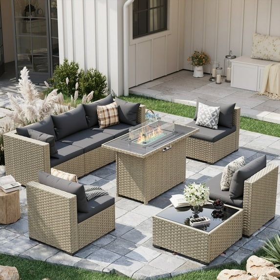 POTEBAN Outdoor Patio Furniture Set with Fire Pit Table, 8 Piece Outdoor Sectional Sofas, All-Weather Wicker Patio Conversation Set for Garden, Gray