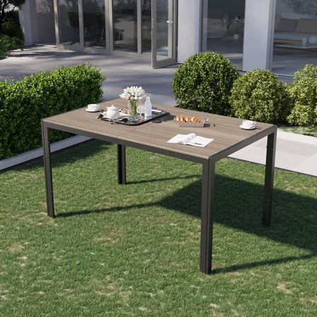 POTEBAN Outdoor Dining Table for 6, Metal Rectangle Table with Umbrella Hole & Wood-look Top for Garden, Brown