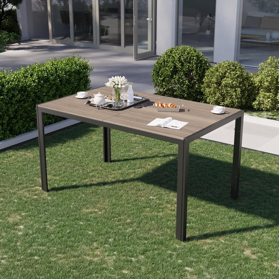 POTEBAN Outdoor Dining Table for 6, Metal Rectangle Table with Umbrella Hole & Wood-look Top for Garden, Brown