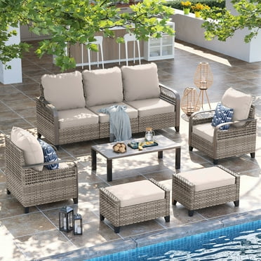 Poteban Outdoor Patio All Weather Wicker Furniture Sets,with Coffee Table, Sofa, Swivel Rocking Chair and Ottoman,for Pool, Backyard, Garden