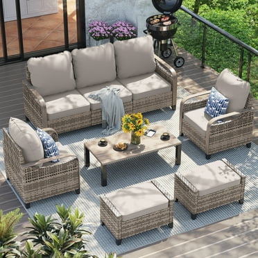 Poteban Outdoor Patio All Weather Wicker Furniture Sets,with Coffee Table, Sofa, Swivel Rocking Chair and Ottoman,for Pool, Backyard, Garden