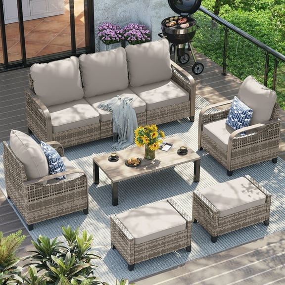 Poteban Outdoor Patio All Weather Wicker Furniture Sets,with Coffee Table, Sofa, Swivel Rocking Chair and Ottoman,for Pool, Backyard, Garden