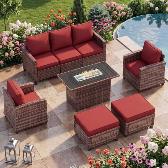 Poteban Outdoor Patio Furniture Set with 44" Fire Pit Table, 6 Pieces Sectional Conversation Sets, All-Weather Wicker Rattan Sofa Ottoman with 4" Thick Cushion for Garden Backyard Deck, Wine Red