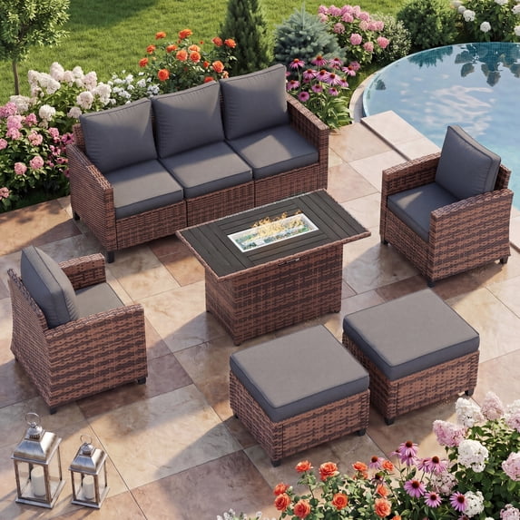 Poteban Outdoor Patio Furniture Set with 44" Fire Pit Table, 6 Pieces Sectional Conversation Sets, All-Weather Wicker Rattan Sofa Ottoman with 4" Thick Cushion for Garden Backyard Deck, Dark Grey