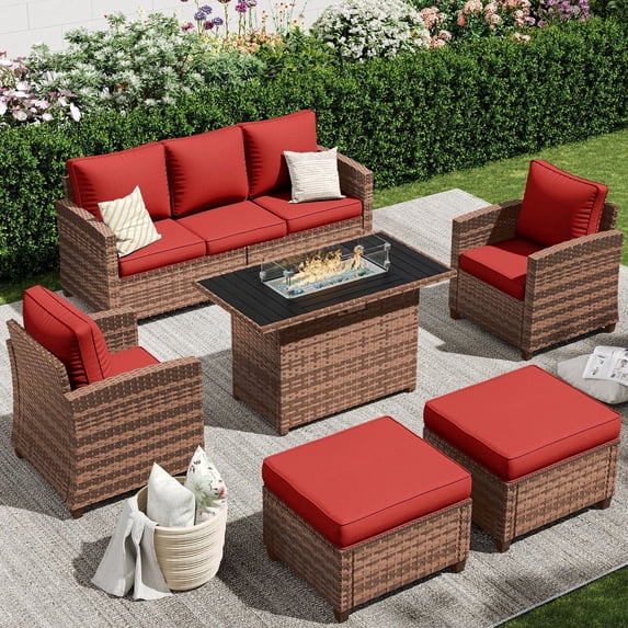 Poteban Outdoor Patio Furniture Set with 44" Fire Pit Table, 6 Pieces Sectional Conversation Sets, All-Weather Wicker Rattan Sofa Ottoman with 4" Thick Cushion for Garden Backyard Deck, Wine Red