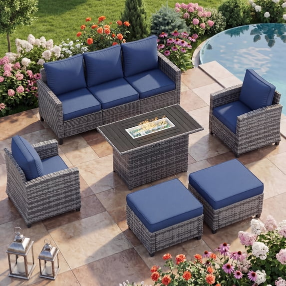 Poteban Outdoor Patio Furniture Set with 44" Fire Pit Table, 6 Pieces Sectional Conversation Sets, All-Weather Wicker Rattan Sofa Ottoman with 4" Thick Cushion for Garden Backyard Deck, Navy Blue