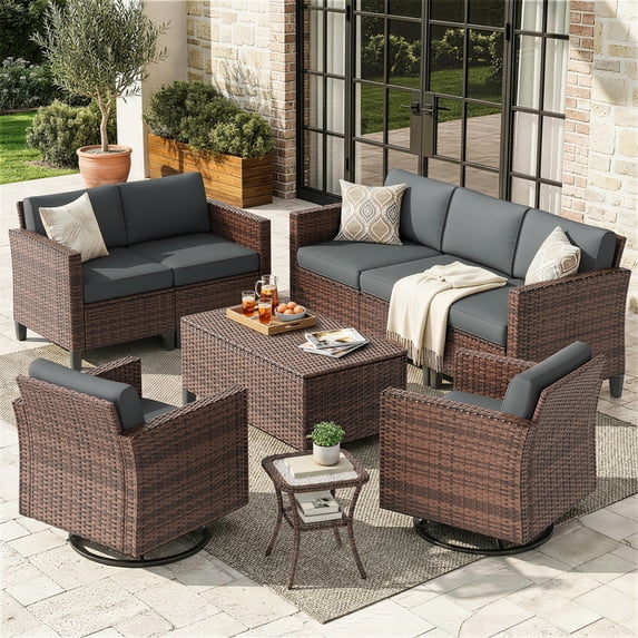 Poteban Outdoor Patio Furniture Set, Rocking Swivel Chair, 9 Pieces Wicker Rattan Sectional Furniture for Backyard (Grey)