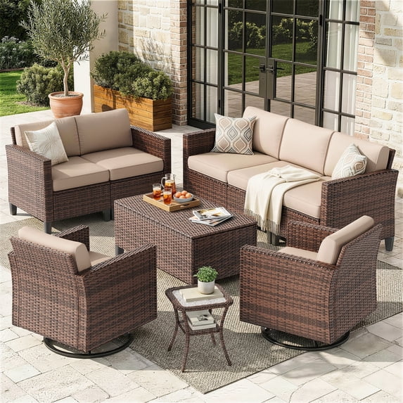 Poteban Outdoor Patio Furniture Set, Rocking Swivel Chair, 9 Pieces Wicker Rattan Sectional Furniture for Backyard (Khaki)