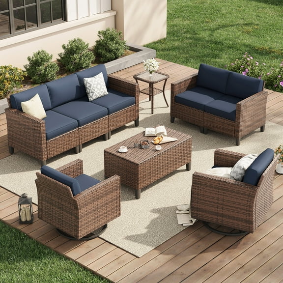 Poteban Outdoor Patio Furniture Set, Rocking Swivel Chair, 9 Pieces Wicker Rattan Sectional Furniture for Backyard (Navy Blue)