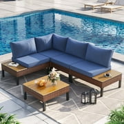 Poteban 5-piece Rattan Outdoor Patio Sofa Set,L-Shaped Sectional Sofa Couch with Coffee Table for Backyard,Lawn,Garden,Navy Blue